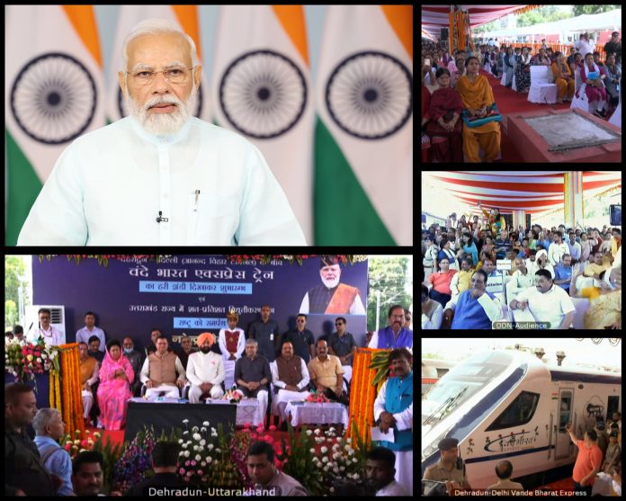 PM addressing after flagging off the inaugural run of Vande Bharat Express between Delhi and Dehradun via video conferencing on May 25, 2023.