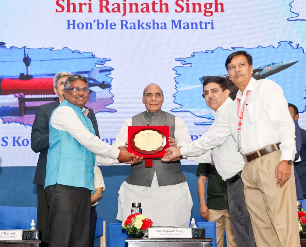 The Union Minister for Defence, Shri Rajnath Singh felicitating eminent scientists during the DRDO- Academia conclave, in New Delhi on May 25, 2023.