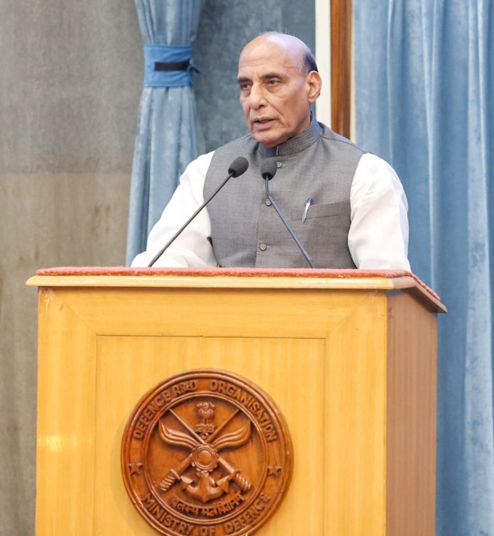 The Union Minister for Defence, Shri Rajnath Singh addressing at the DRDO- Academia conclave, in New Delhi on May 25, 2023.