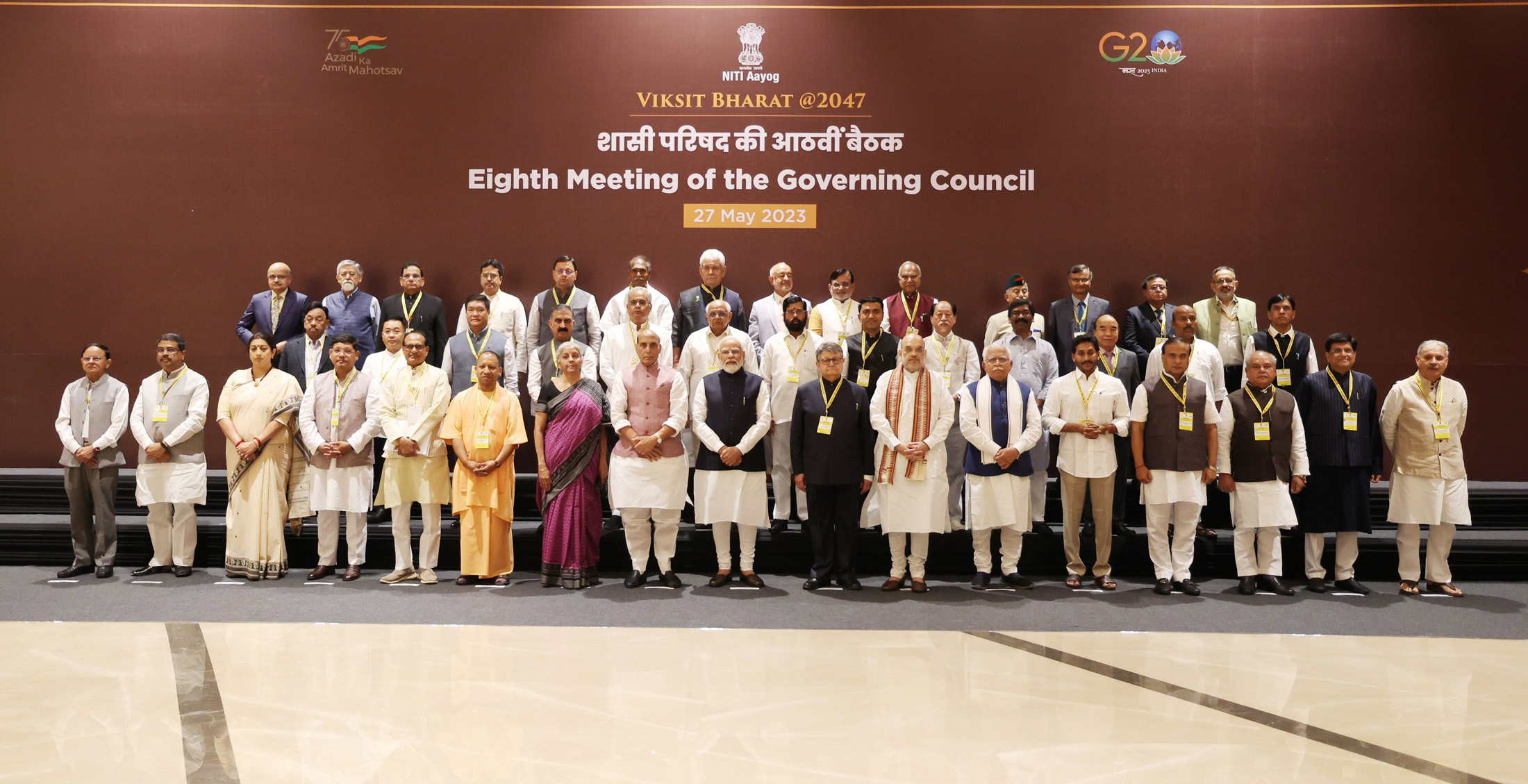 PM in a group photograph during the 8th Governing Council Meeting of NITI Aayog, in New Delhi on May 27, 2023.