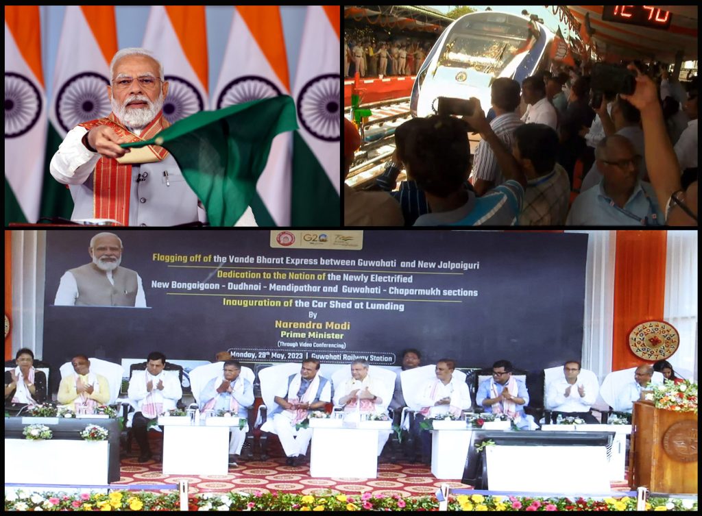 PM flags off Assam’s first Vande Bharat Express train between New Jalpaiguri Station and Guwahati via video conferencing on May 29, 2023.
