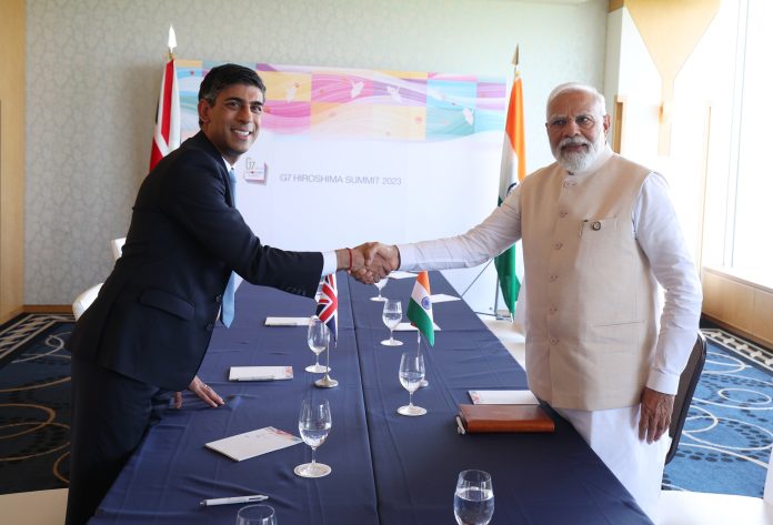 PM in a bilateral meeting with the Prime Minister of the UK, Mr. Rishi Sunak, in Hiroshima, Japan on May 21, 2023.