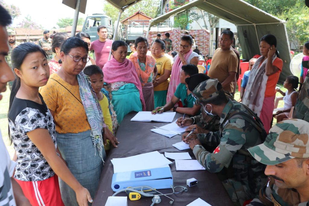 Indian Army in a joint effort with District Administration and Medical Authorities organised a Mega Medical Camp at the most affected bordering villages and Relief Camps at Oksumbung and Torongloabi on 05 June 2023.