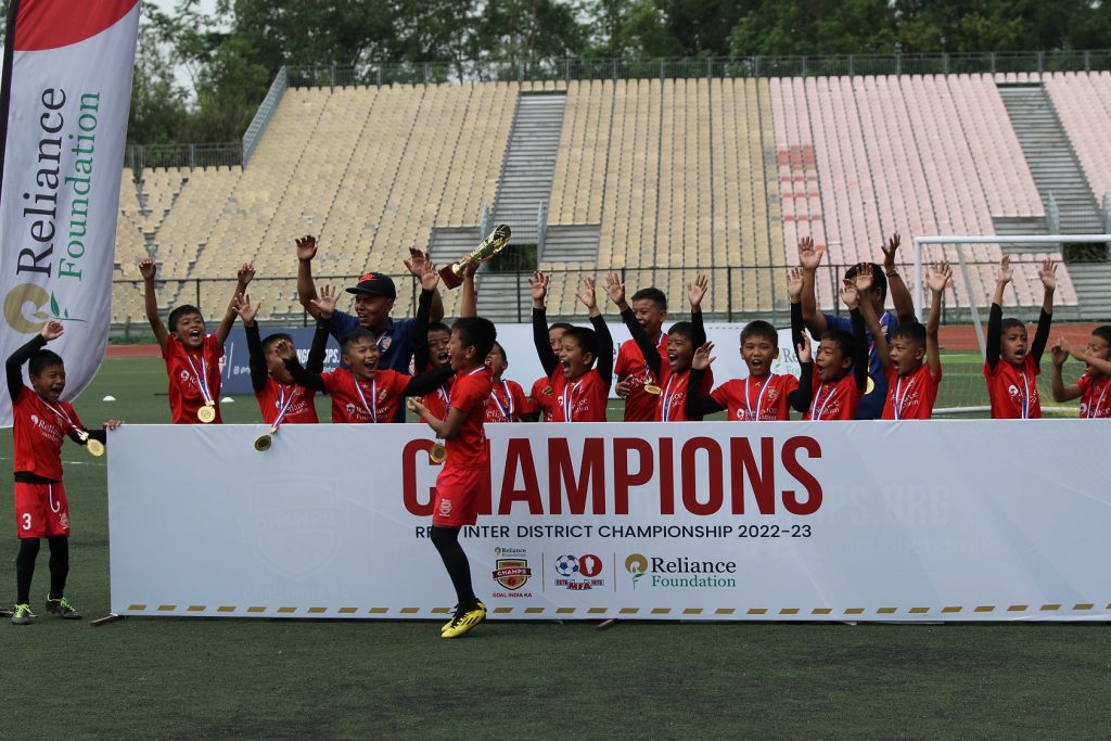 Aizawl A (MFA Grassroots A) celebrating after winning the U11 title at the Reliance Foundation Young Champs Naupang League Inter District Championship