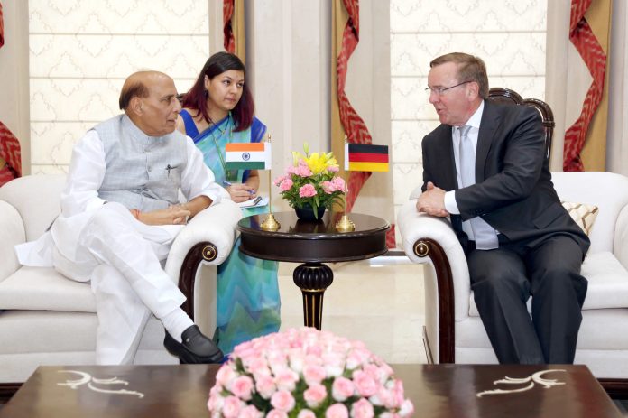 The Union Minister for Defence, Shri Rajnath Singh with German Federal Minister of Defence, Mr Boris Pistorius ahead of their bilateral meeting, in New Delhi on June 06, 2023.