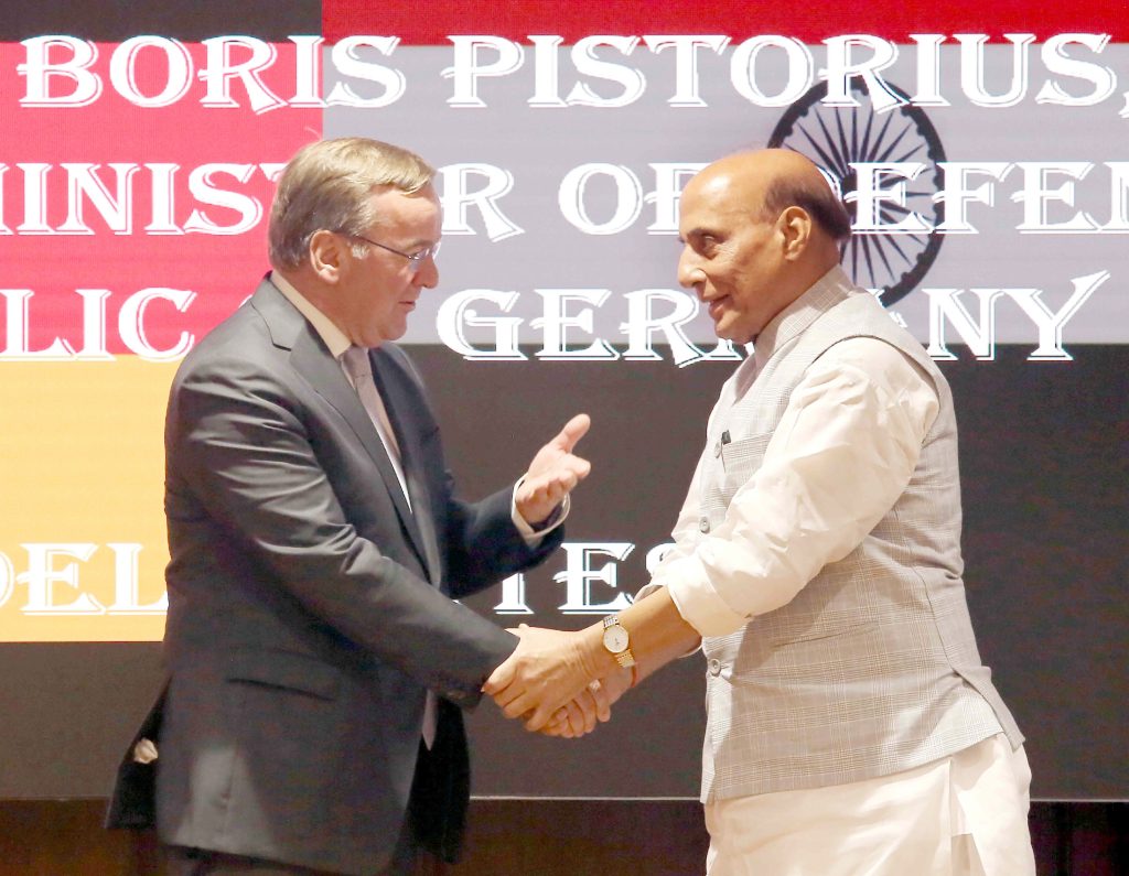 The Union Minister for Defence, Shri Rajnath Singh in a bilateral meeting with German Federal Minister of Defence, Mr Boris Pistorius, in New Delhi on June 06, 2023. The Chief of Defence Staff, General Anil Chauhan and Defence Secretary, Shri Giridhar Aramane are also seen.