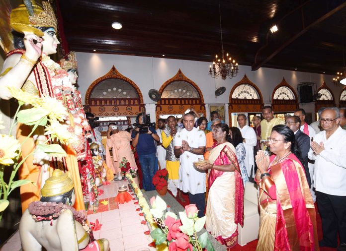 The President of India, Smt Droupadi Murmu offers prayers at Shri Vishnu Mandir in Paramaribo, Suriname on June 06, 2023.