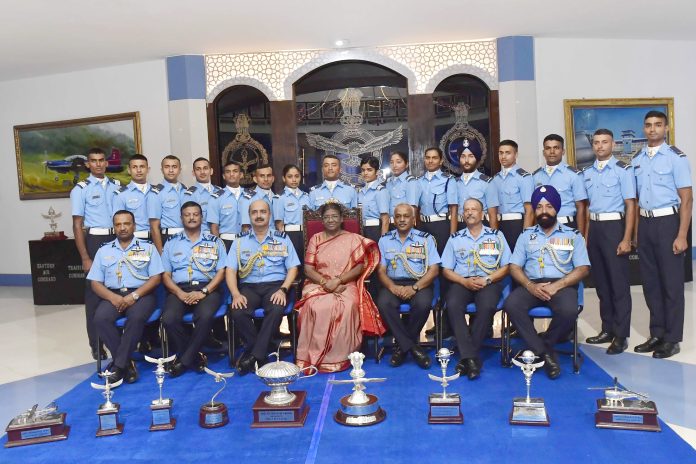The President of India, Smt Droupadi Murmu at the Air Force Academy on the occasion of Combined Graduation Parade at Dundigal, in Hyderabad on June 17, 2023.