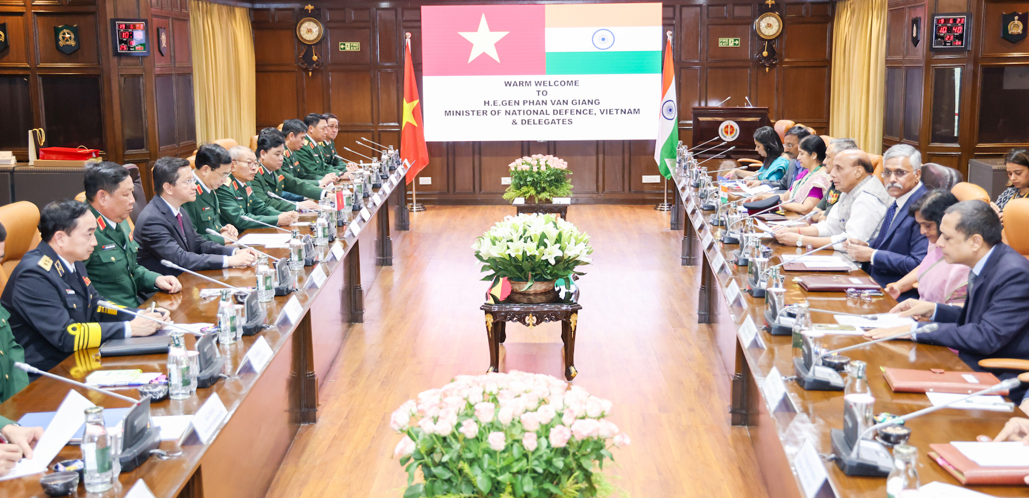 The Union Minister for Defence, Shri Rajnath Singh in a bilateral meeting with the Minister of National Defence of Vietnam, General Phan Van Giang in New Delhi on June 19, 2023. The Chief of Defence Staff, General Anil Chauhan and Defence Secretary Shri Giridhar Aramane are also seen.