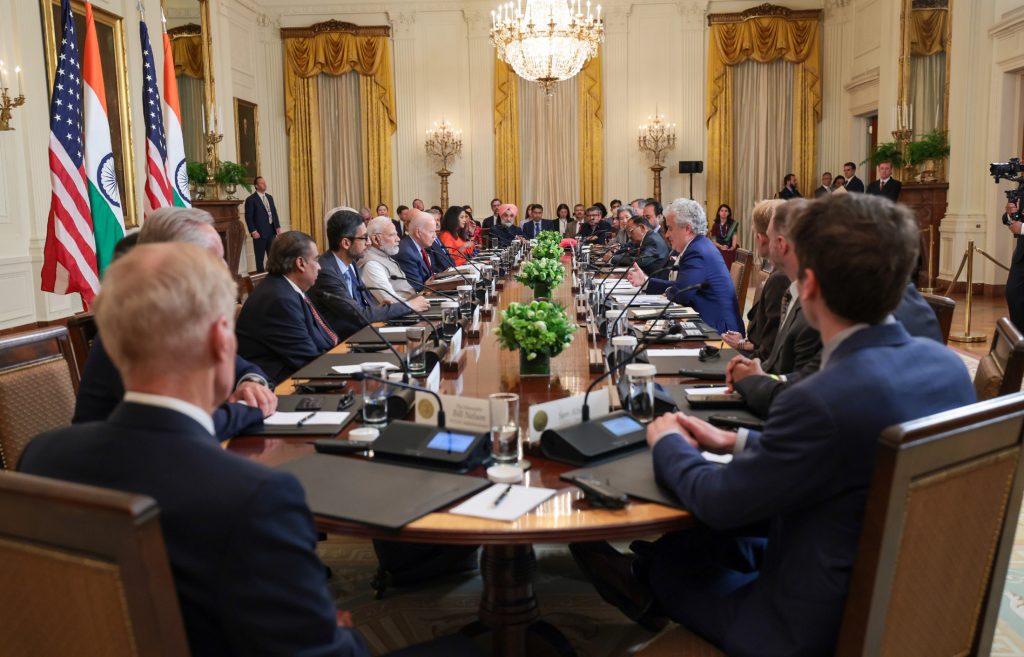 PM and the President of USA, Mr. Joe Biden during the Meeting with top CEOs at White House, Washington DC on June 23, 2023.