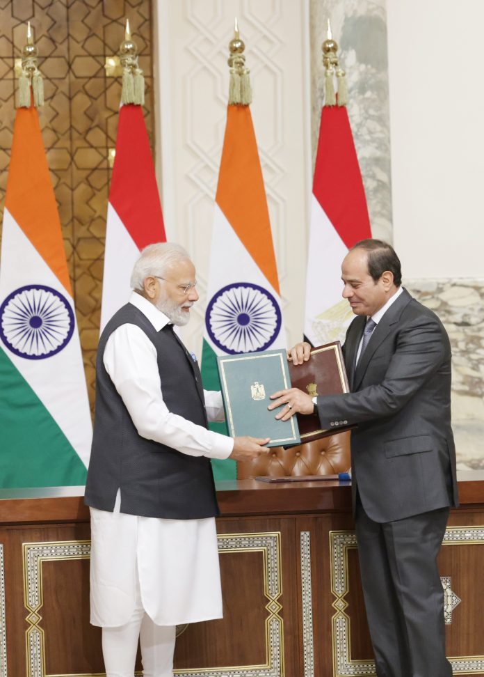 PM and Egyptian President, Mr. Abdel Fattah El-Sisi at the Exchange of MOUs/ Strategic Partnership document, at President House (Cairo), in Egypt on June 25, 2023.