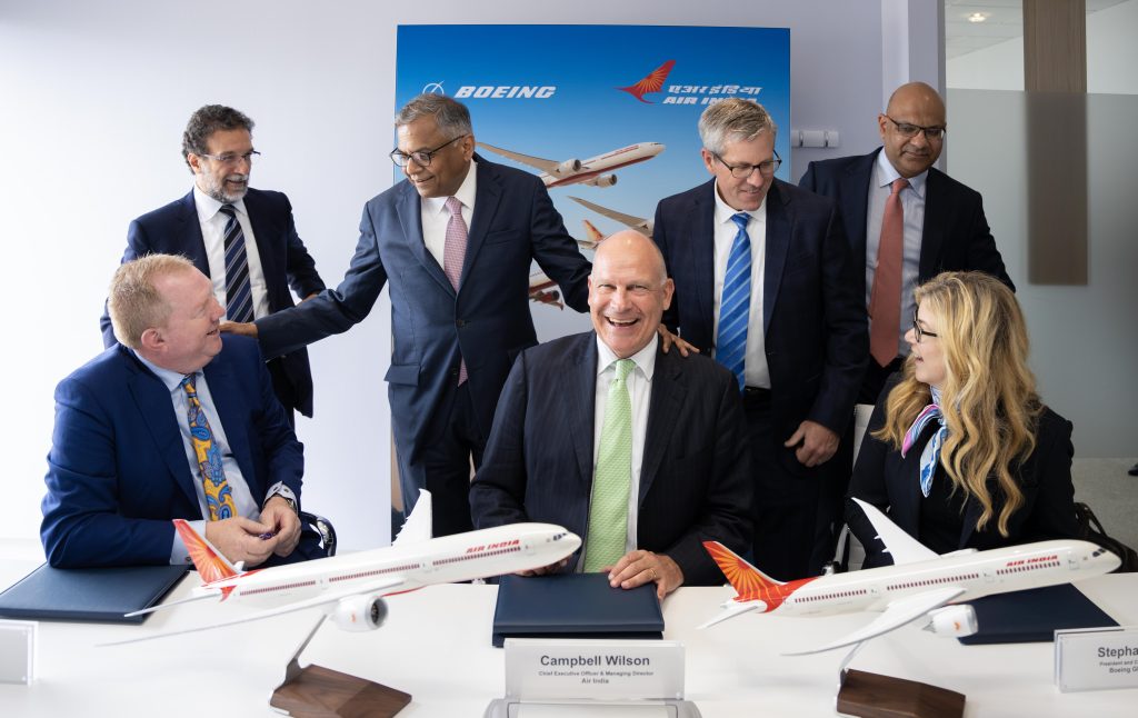 Left to Right (Sitting): Stan Deal, President and CEO of Boeing Commercial Airplanes, Campbell Wilson, CEO & MD, Stephanie Pope, President and CEO of Boeing Global ServicesLeft to Right (Standing): Rémi Maillard, President and MD, Airbus India and South Asia, Nipun Agarwal, Chief Commercial and Transformation Officer, Air India, Guillaume Faury, CEO, Airbus, N. Chandrasekaran, Chairman of Tata Sons and Air India