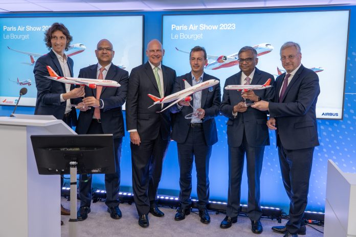 Left to right: Rémi Maillard, President and MD, Airbus India and South Asia, Nipun Agarwal, Chief Commercial and Tranformation Officer, Air India, Campbell Wilson, CEO & MD, Air India, Guillaume Faury, CEO, Airbus, N. Chandrasekaran, Chairman of Tata Sons and Air India, and Christian Scherer, Chief Commercial Officer and Head of International, Airbus Left to right: Rémi Maillard, President and MD, Airbus India and South Asia, Nipun Agarwal, Chief Commercial and Tranformation Officer, Air India, Campbell Wilson, CEO & MD, Air India, Guillaume Faury, CEO, Airbus, N. Chandrasekaran, Chairman of Tata Sons and Air India, and Christian Scherer, Chief Commercial Officer and Head of International, Airbus