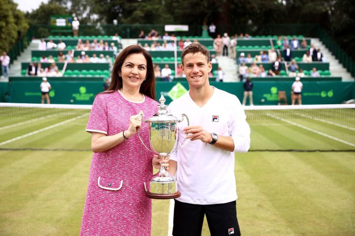 Mrs Nita. M. Ambani, Founder and Chairperson of Reliance Foundation presented the inaugural Reliance Foundation ESA Cup to Diego Schwartzman at The Boodles Tennis event at Stoke Park in Buckinghamshire.