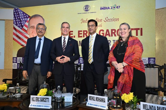 L-R: Dr. Rajeev Singh, Director General, Indian Chamber of Commerce, Eric Garcetti, the U.S. Ambassador to India, Mehul Mohanka, President, Indian Chamber of Commerce, and U.S. Consul General Melinda Pavek.