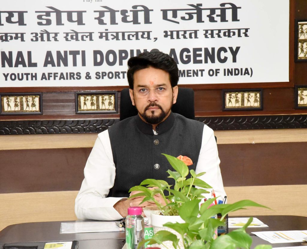 The Union Minister for Information & Broadcasting, Youth Affairs and Sports, Shri Anurag Singh Thakur at MoU Signing Ceremony between India’s NADA (National Anti Doping Agency) and SARADO (South Asia Regional Anti Doping Organisation), in New Delhi on July 03, 2023.