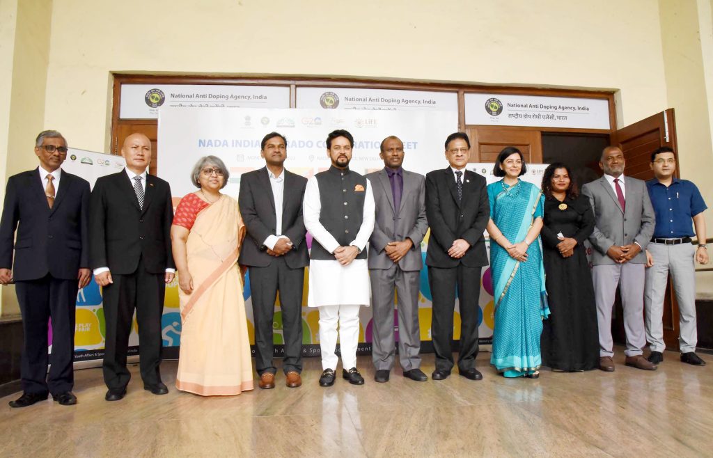 The Union Minister for Information & Broadcasting, Youth Affairs and Sports, Shri Anurag Singh Thakur in a group photograph during at MoU Signing Ceremony between India’s NADA (National Anti Doping Agency) and SARADO (South Asia Regional Anti Doping Organisation), in New Delhi on July 03, 2023.