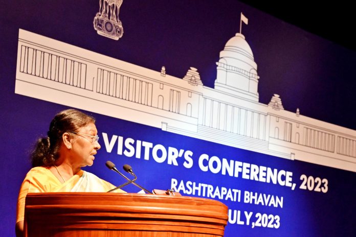 The President of India, Smt Droupadi Murmu addressing at the Visitors Conference 2023 at Rashtrapati Bhavan, in New Delhi on July 10, 2023.