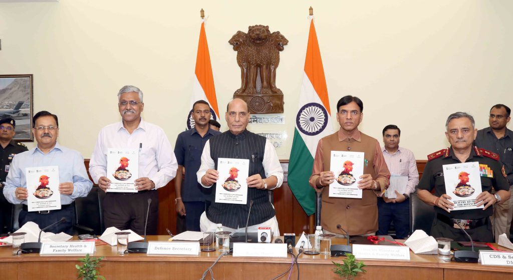 The Union Minister for Defence, Shri Rajnath Singh and the Union Minister for Health & Family Welfare, Chemicals and Fertilizers, Shri Mansukh Mandaviya unveiling a book Healthy Recipes for Defence, in New Delhi on July 13, 2023. The Chief of Defence Staff, General Anil Chauhan, the Defence Secretary, Shri Giridhar Aramane and the Health Secretary, Shri Rajesh Bhushan are also seen.