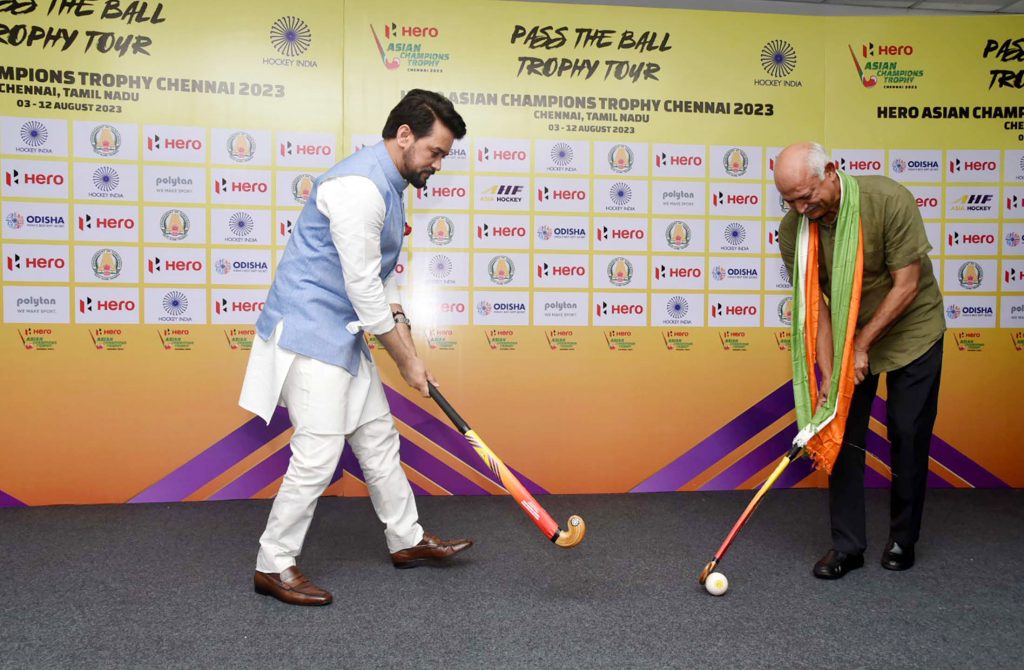 The Union Minister for Information & Broadcasting, Youth Affairs and Sports, Shri Anurag Singh Thakur launches the ‘Pass the Ball Trophy Tour’ campaign on the occasion of unveiling of the Hero Asian Champions Trophy, Chennai 2023 at Major Dhyanchand National Stadium, in New Delhi on July 13, 2023.
