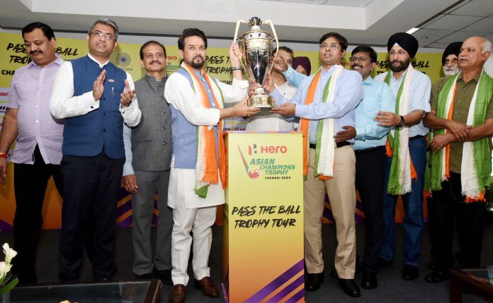 The Union Minister for Information & Broadcasting, Youth Affairs and Sports, Shri Anurag Singh Thakur unveils the Hero Asian Champions Trophy, Chennai 2023 at Major Dhyanchand National Stadium, in New Delhi on July 13, 2023.
