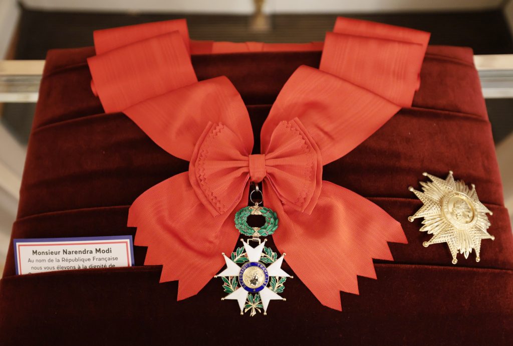 Glimpse of the ‘Grand Cross of the Legion of Honour’- France's highest award being conferred to PM by the President of the France, Mr. Emmanuel Macron at Elysee Palace, in Paris, France on July 13, 2023.