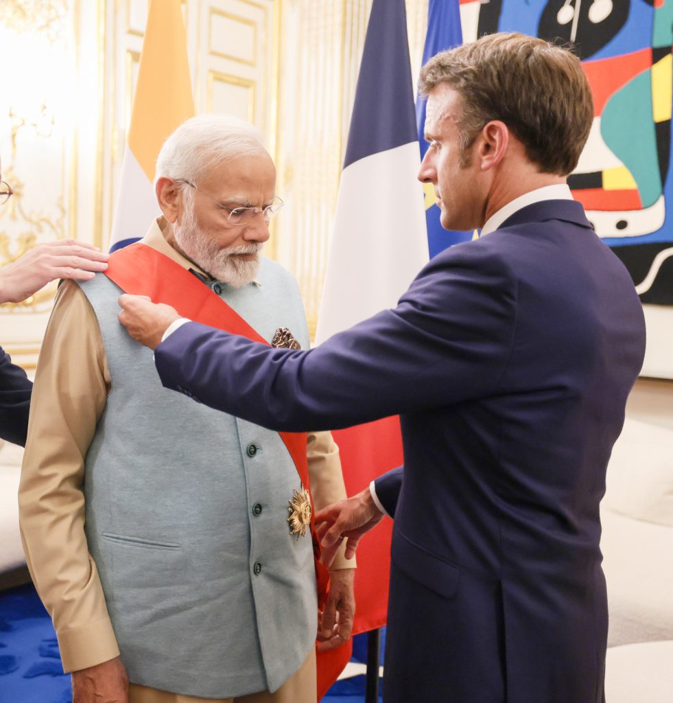 PM being conferred with the ‘Grand Cross of the Legion of Honour’- France's highest award by the President of the France, Mr. Emmanuel Macron at Elysee Palace, in Paris, France on July 13, 2023.