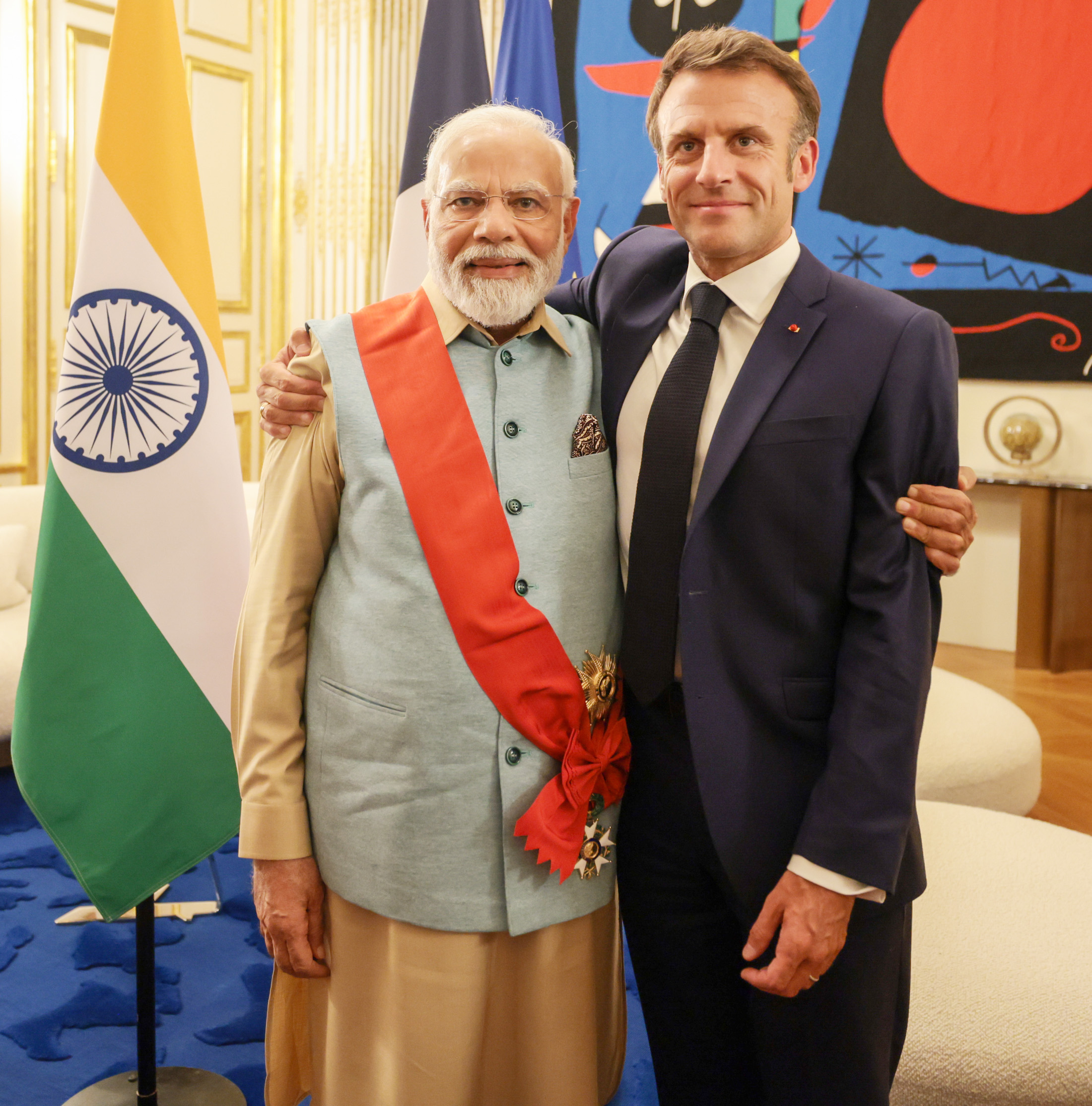 PM being conferred with the Grand Cross of the Legion of Honour- France's highest award by the President of the France, Mr. Emmanuel Macron at Elysee Palace, in Paris, France on July 13, 2023.