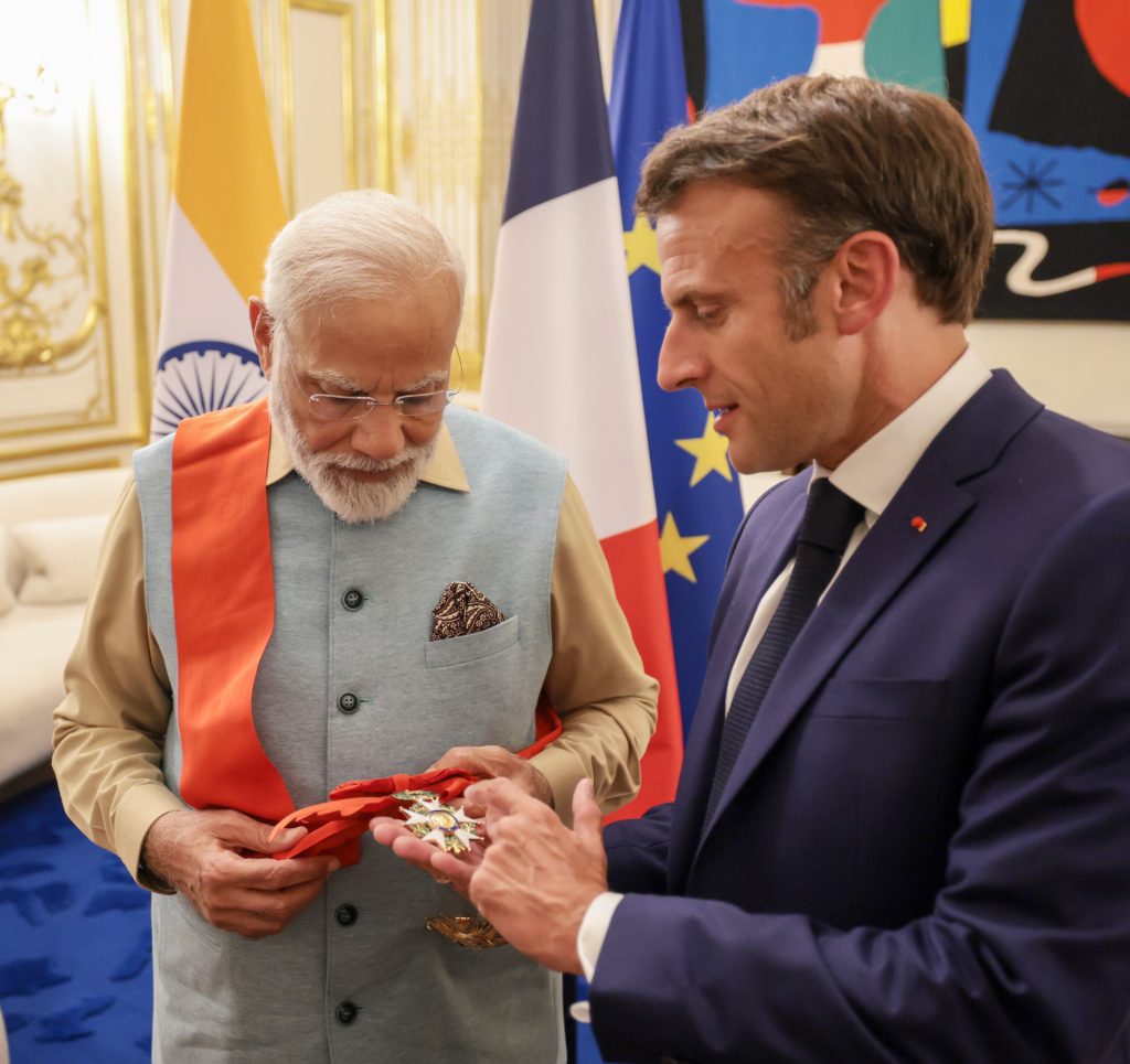 PM being conferred with the ‘Grand Cross of the Legion of Honour’- France's highest award by the President of the France, Mr. Emmanuel Macron at Elysee Palace, in Paris, France on July 13, 2023.