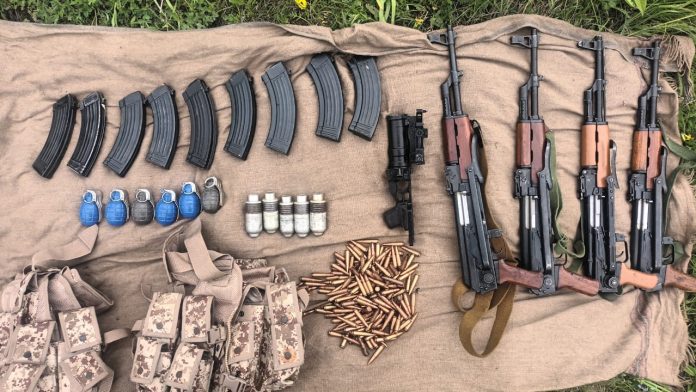 In a thorough Joint Search Operation done by Indian Army, BSF and JKP in the morning, resulting in the recovery of four AK series rifles, one UBGL, five UBGL Grenades, nine magazines, 175 AK rounds, six hand grenades, tactical vests, and a large quantity of war like stores.
