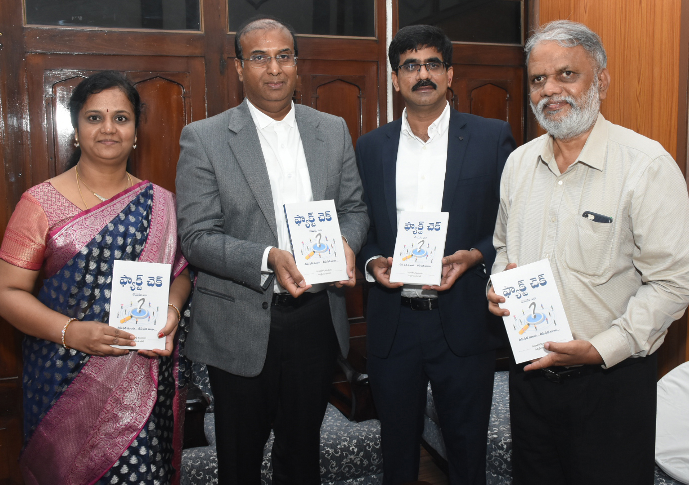 Telangana High Court Judge, Justice B Vijaysen Reddy (2nd from Left), releasing the Telugu book 'Fact Check cheyadam ela' at the High Court premises, today. The book is authored by Senior Journalist Sudhakar Reddy Udumula (3rd from Left) and Fact checker BN Satya Priya (Extreme Left), also seen is Prof. K. Stevenson (Extreme Right), Dean, Osmania University.