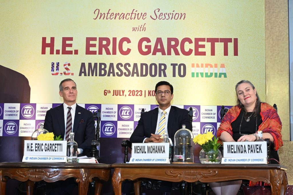 L-R: Eric Garcetti, the U.S. Ambassador to India, Mehul Mohanka, President, Indian Chamber of Commerce, and U.S. Consul General Melinda Pavek.