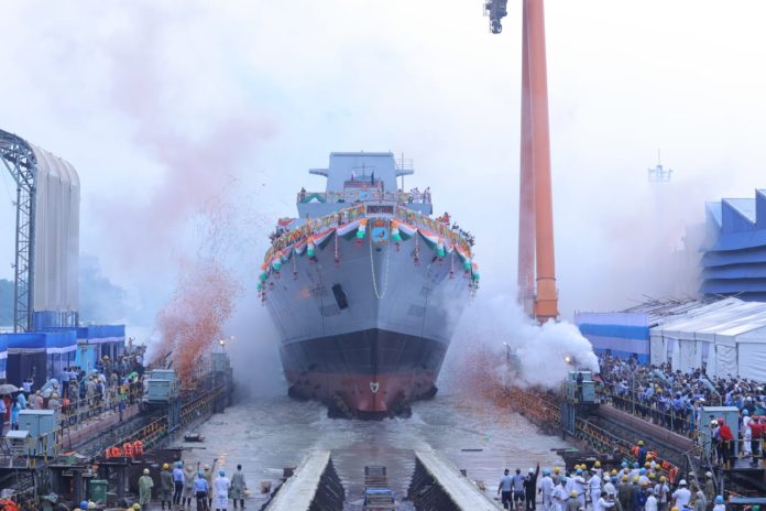 (Vindhyagiri touches Hoogly) Vindhyagiri, the sixth Stealth Frigate of Project 17A being built at GRSE, was launched today at the shipyard by the Hon'ble President of India, Smt Droupadi Murmu.