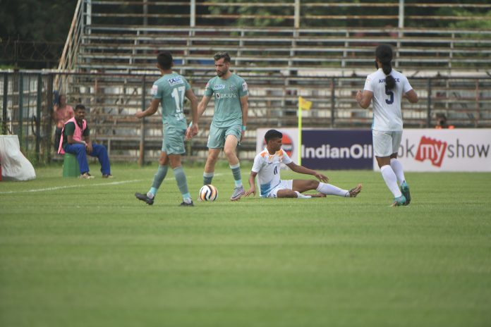 Action from the 132nd IndianOil Durand Cup match between Kerala Blasters and Indian Air Force Football Team.