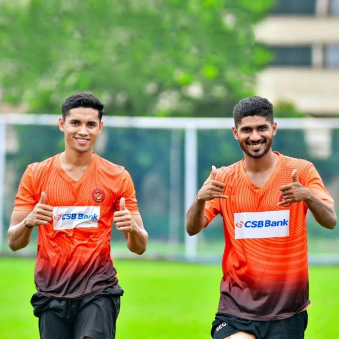 Gokulam players in a light moment during pre-game training ahead of their 132ndd IndianOil Durand Cup game against Kerala Blasters in Kolkata