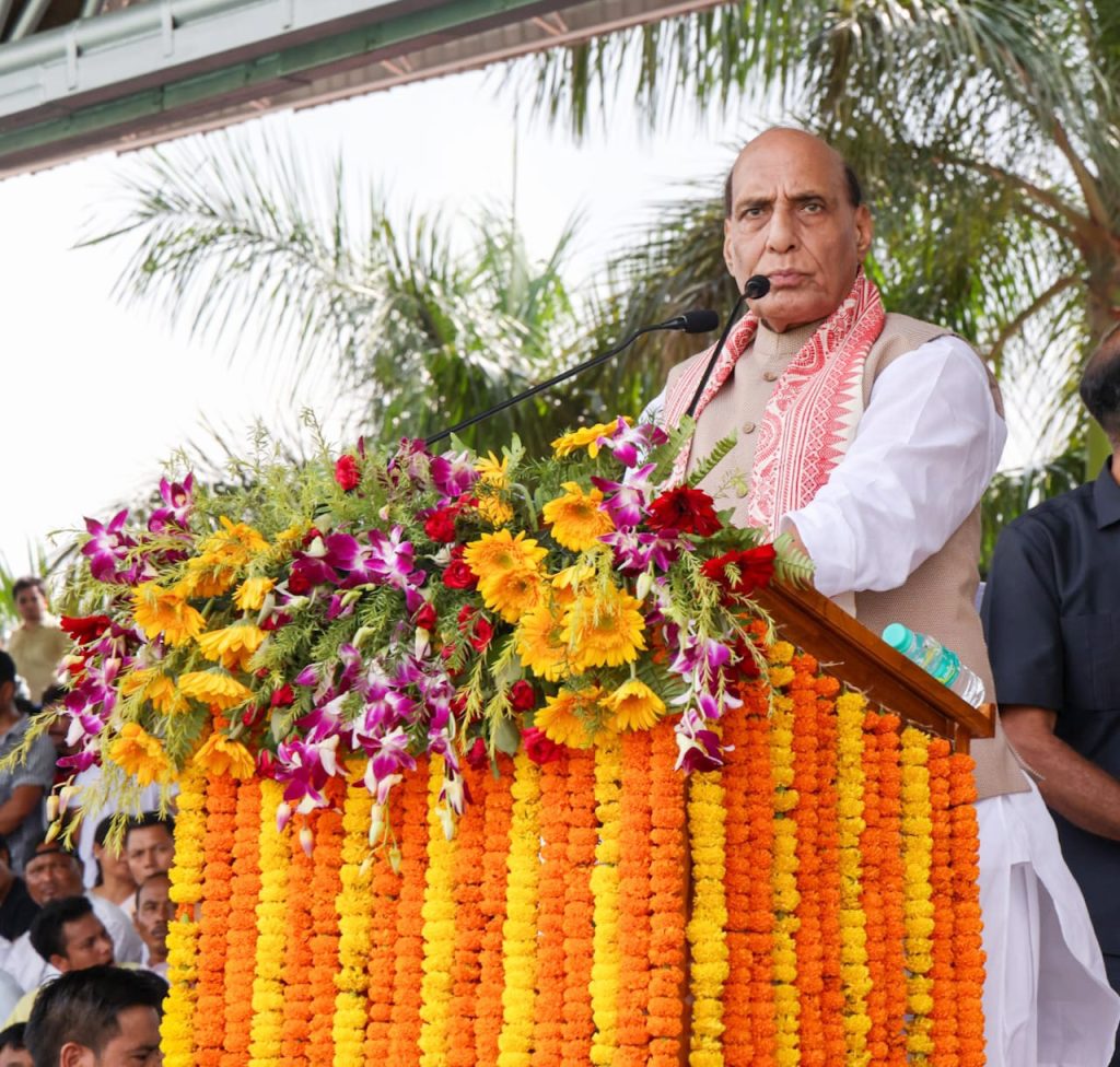 The Union Minister for Defence, Shri Rajnath Singh addressing the gathering during the opening ceremony of 132nd Durand Cup in Kokrajhar, Assam on August 05, 2023.