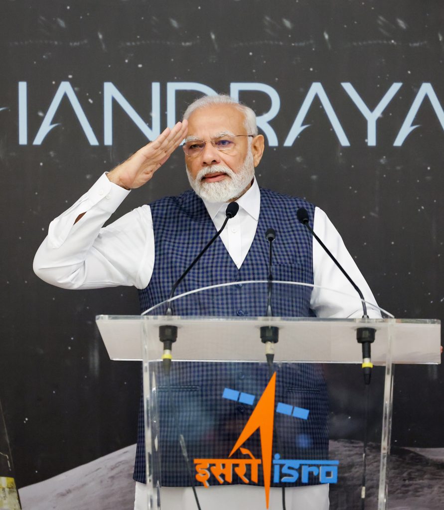 PM addressing the scientists of ISRO on success of Chandrayaan-3 Mission at the ISRO Telemetry Tracking and Command Network (ISTRAC), in Bengaluru on August 26, 2023.