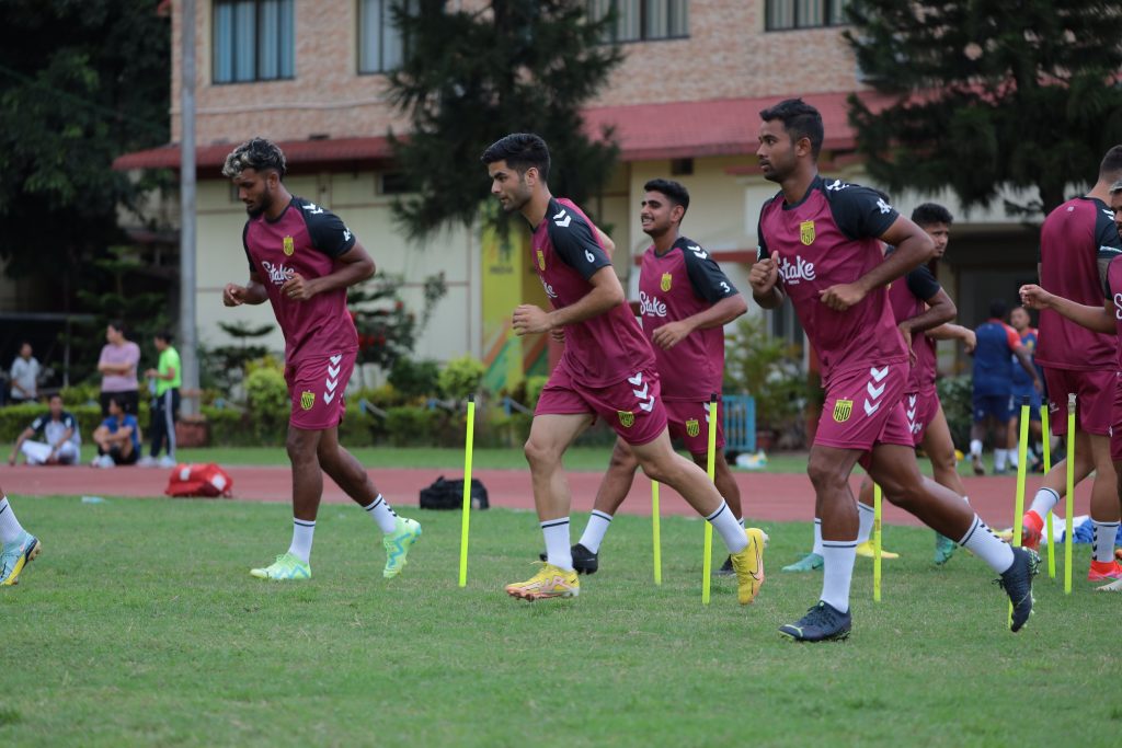 Hyderabad FC squad in training ahead of their first 132nd IndianOil Durand Cup match against Delhi FC in Guwahati.
