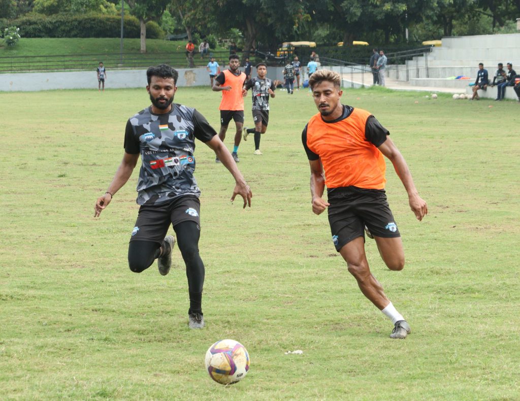 Delhi FC squad in training ahead of their first 132nd IndianOil Durand Cup match against Hyderabad FC in Guwahati.