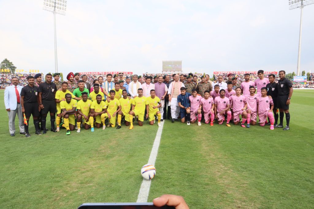 Hon. Minister of Defence, Shri. Rajnath Singh, Hon. Chief Minister of Assam, Shri. Himanta Biswa Sharma, Shri. Pramod Boro, Chief Executive Member, Bodoland Territorial Council, Shri. Kalyan Chaubey, President, All India Football Association & Lt.Gen R.P Kalita, PVSM, UYSM, AVSM, SM, VSM, GOC-in-Chief, Eastern Command along with the players of Bodoland FC and Rajasthan United FC and other officials.