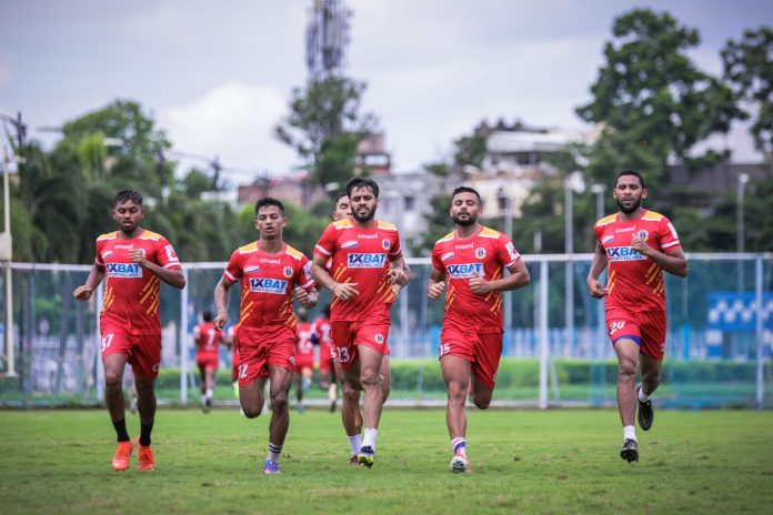 Emami East Bengal squad in training ahead of their first 132nd IndianOil Durand Cup match against Bangladesh Army Football Team in Kolkata.