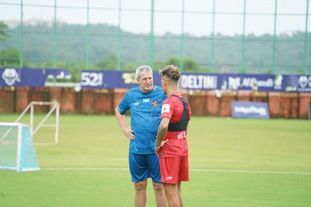 Manolo Marquez, Head Coach, FC Goa in a training session with his team.