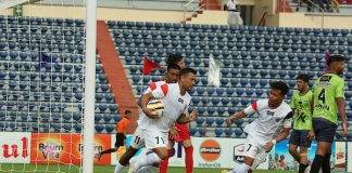 NorthEast United power their way to the last eight with A 3-1 win over Downtown Heroes FC Brazilian Ibson Melo surrounded by teammates after scoring the equaliser for NorthEast United FC against Downtown Heroes in the 132nd IndianOil Durand Cup in Guwahati.