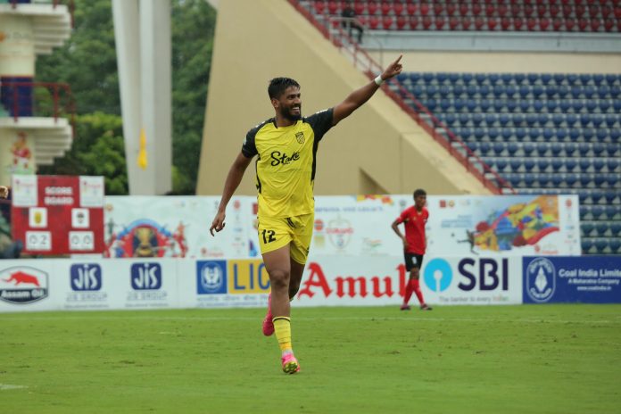 Aaren D Silva after scoring in the game against Tribhuvan Army FC in Guwahati on August 22, 2023.