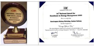 KANCHRAPARA RAILWAY WORKSHOP BAGS “NATIONAL AWARD FOR EXCELLENCE IN ENERGY MANAGEMENT 2023” Eastern Railway’s Kanchrapara Railway Workshop received “NATIONAL AWARD FOR EXCELLENCE IN ENERGY MANAGEMENT 2023” by the Confederation of Indian Industry.