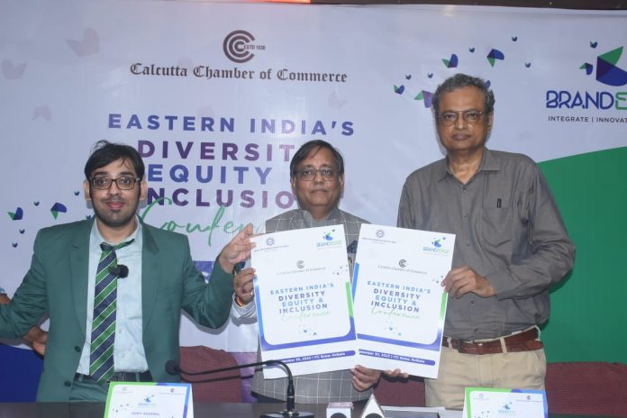 L-R: Sumit Agarwal, and SDG Ambassador for Diversity and Inclusion, LinkedIn Top Voice; Kishan Kumar Kejriwal, President, Calcutta Chamber of Commerce; and Soumyajit Mahapatra, Chairman, Public Relations Society of India, Kolkata Chapter were present at the press meet and also unveiled this year's BrandEdge theme: Diversity, Equity, and Inclusion (DEI).