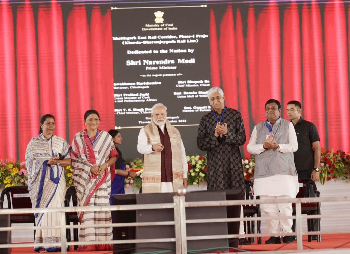 PM lays foundation stone and dedicates to nation Railway projects at Raigarh, in Chhattisgarh on September 14, 2023.