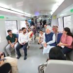 PM interacting with passengers during undertakes metro ride ahead of inauguration the extension of Delhi Airport Metro Express line from Dwarka Sector 21 to a new metro station Yashobhoomi Dwarka Sector 25, in New Delhi on September 17, 2023.