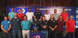 The 10th season of ISL Media Day at Kolkata L-R: Mohun Bagan Super Gian head coach Juan Ferrando ,Hyderabad FC head coach Conor Nestor, East Bengal FChead coach Carles Cuadrat , Odisha FC head coach Sergio Lobera North East United FC head coach Juan Pedro Benali, Punjab FC Head Coach, Luka Majcen and Jamshedpur FC head Scott Cooper during the Hero Indian Super League (ISL) preseason media day held at itc sonar bangla in Kolkata, on 13th September 2023.