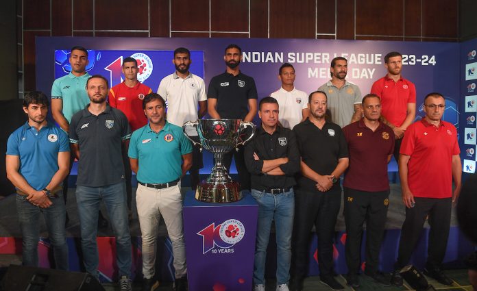 L-R: Mohun Bagan Super Gian head coach Juan Ferrando ,Hyderabad FC head coach Conor Nestor, East Bengal FChead coach Carles Cuadrat , Odisha FC head coach Sergio Lobera North East United FC head coach Juan Pedro Benali, Punjab FC Head Coach, Luka Majcen and Jamshedpur FC head Scott Cooper during the Hero Indian Super League (ISL) preseason media day held at itc sonar bangla in Kolkata, on 13th September 2023.